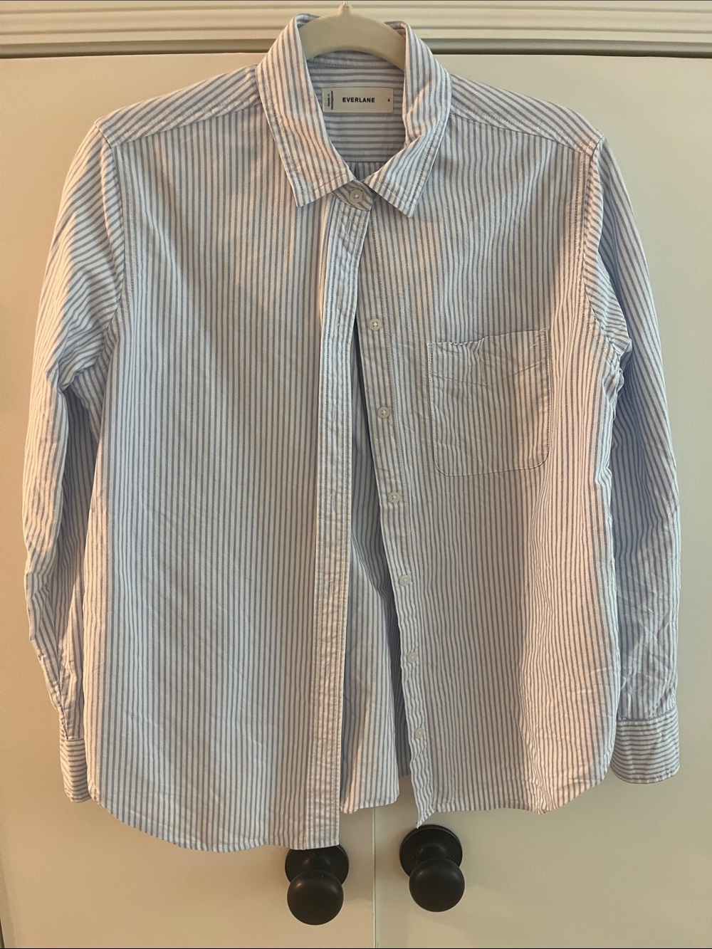 Everlane Women’s Blue and White Striped Button-Down Shirt